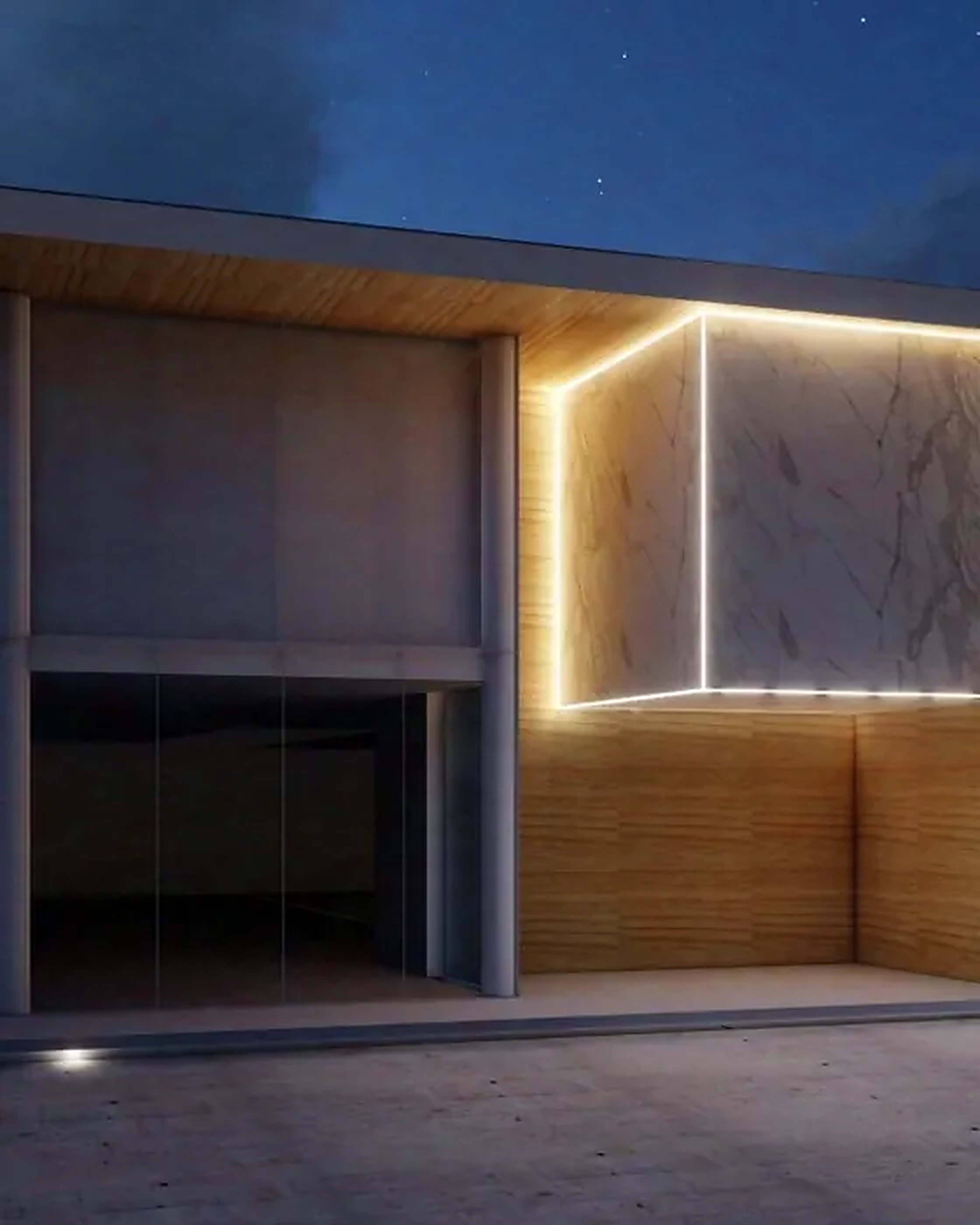 Render noturno de prédio comercial com fachada em madeira e mármore iluminado