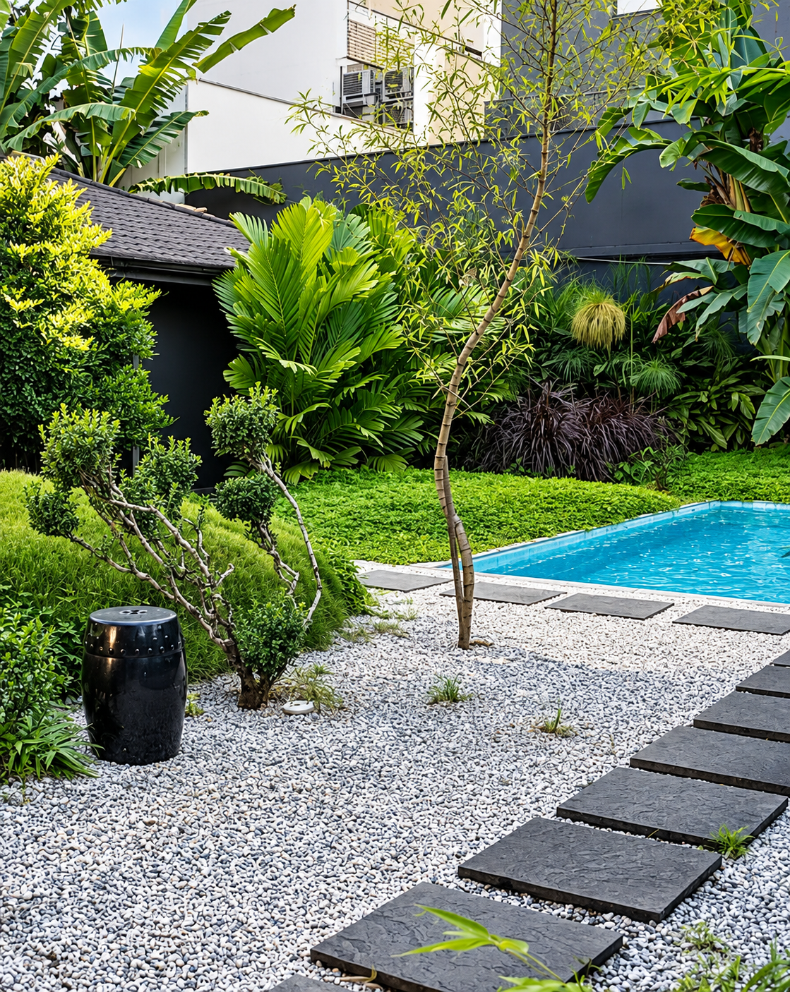 Jardim com caminho de pedras e piscina cercado de vegetação