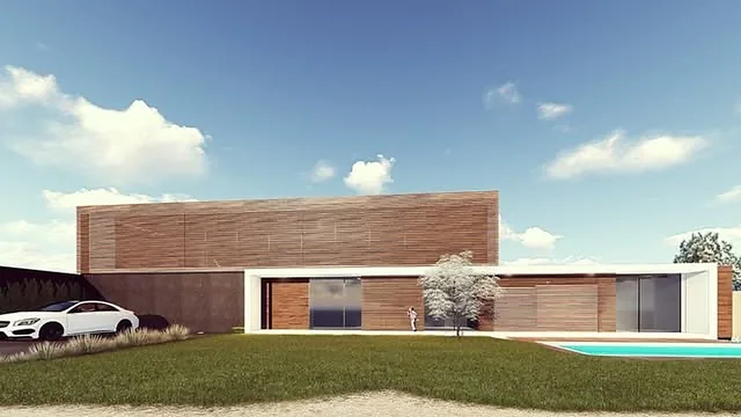 Render de residência térrea com fachada em madeira e piscina