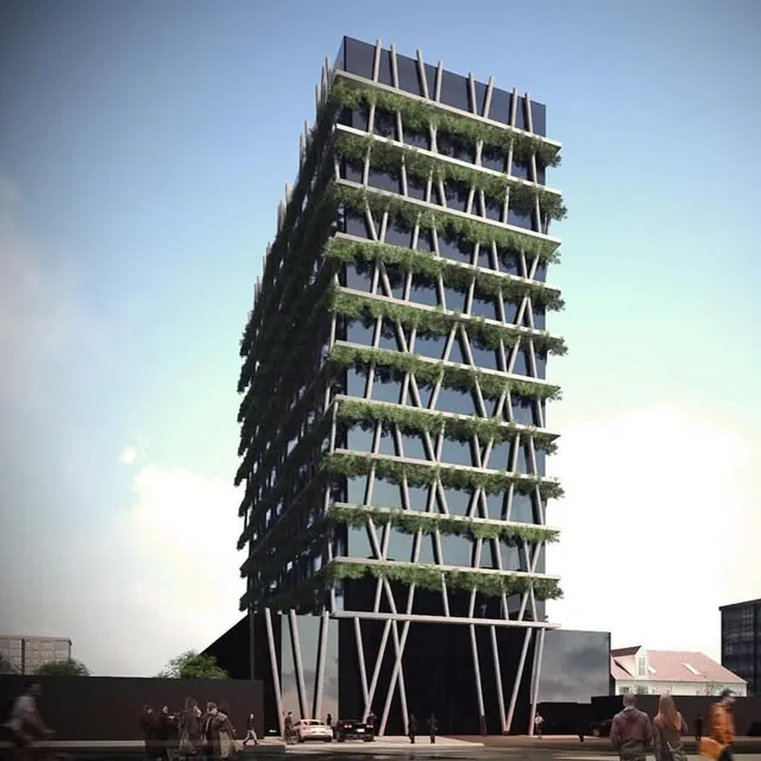 Render de torre com jardins verticais em todos os pavimentos