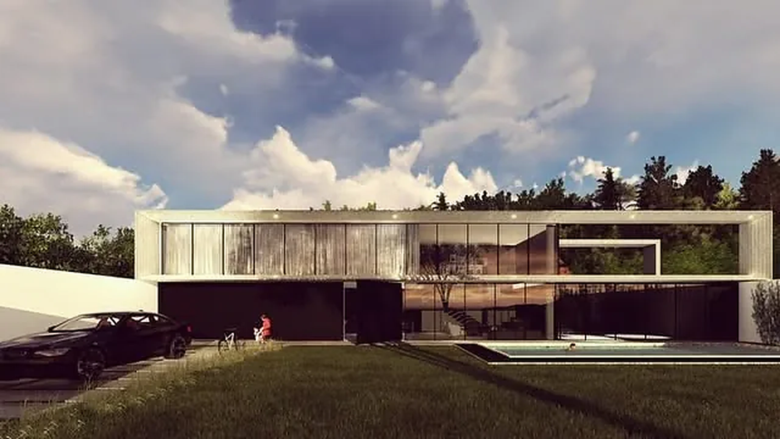 Render de residência térrea com grande volume envidraçado