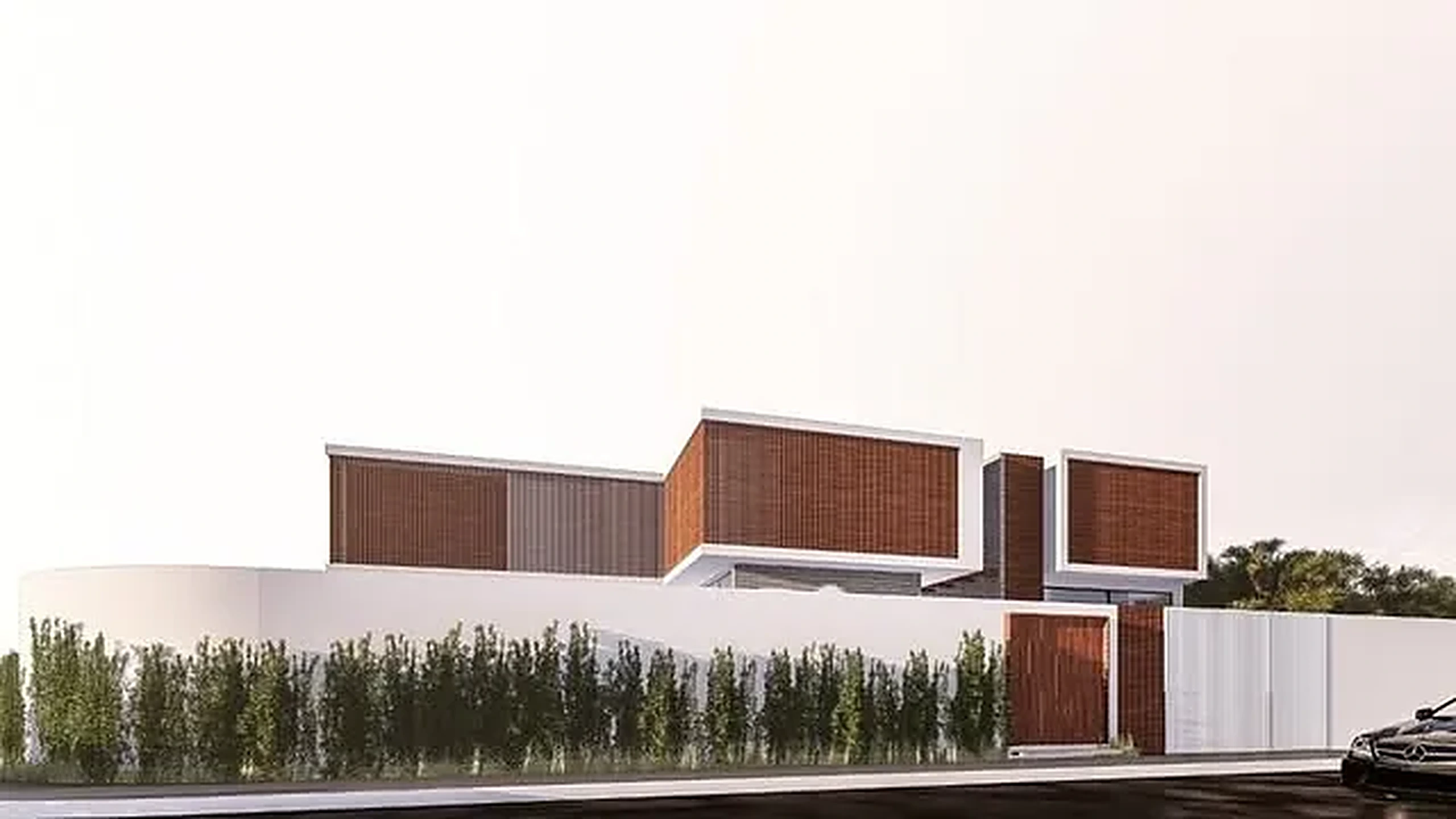 Render de residência com dois volumes revestidos em madeira