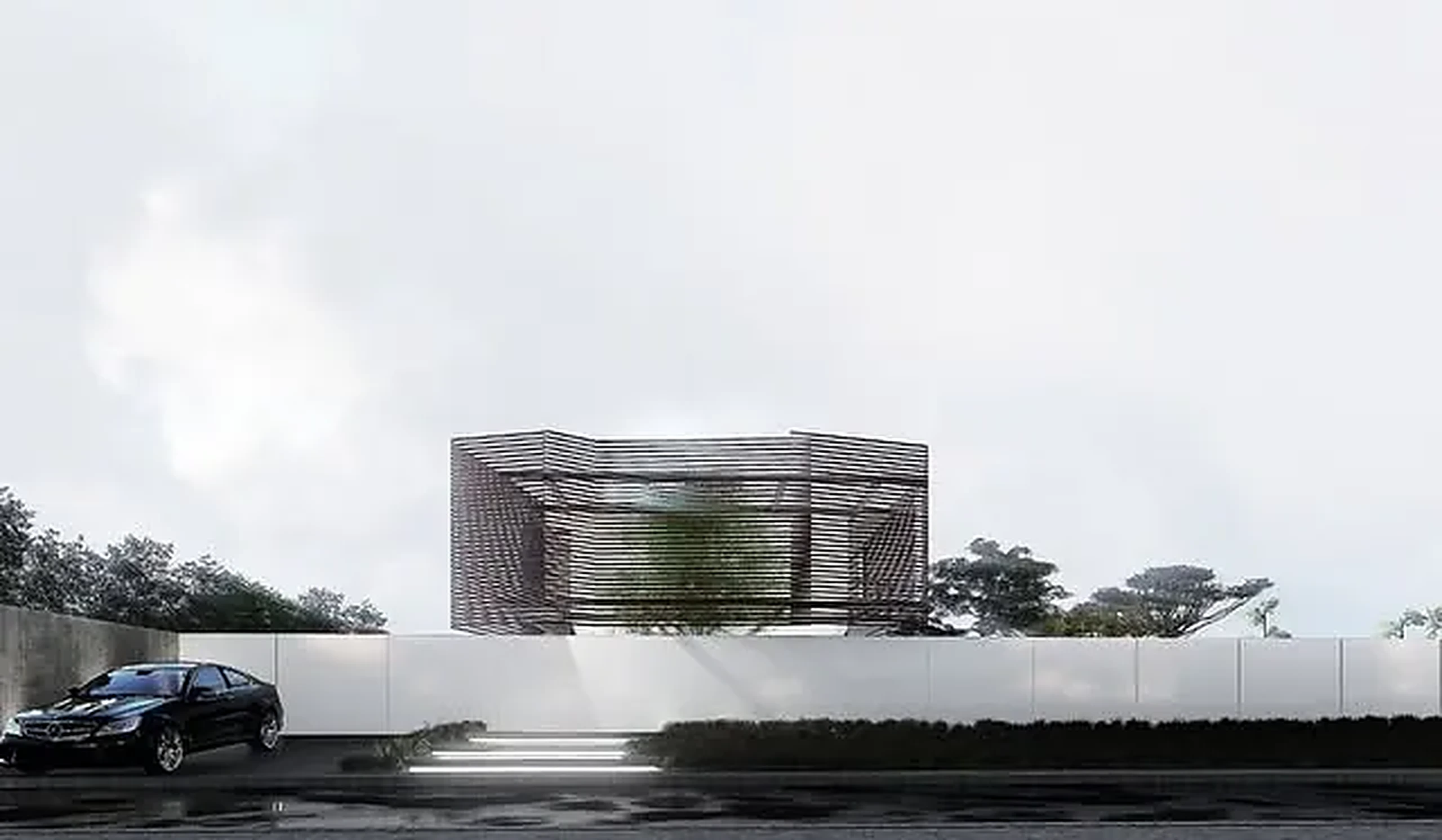 Render de residência em forma de cubo com fachada vazada