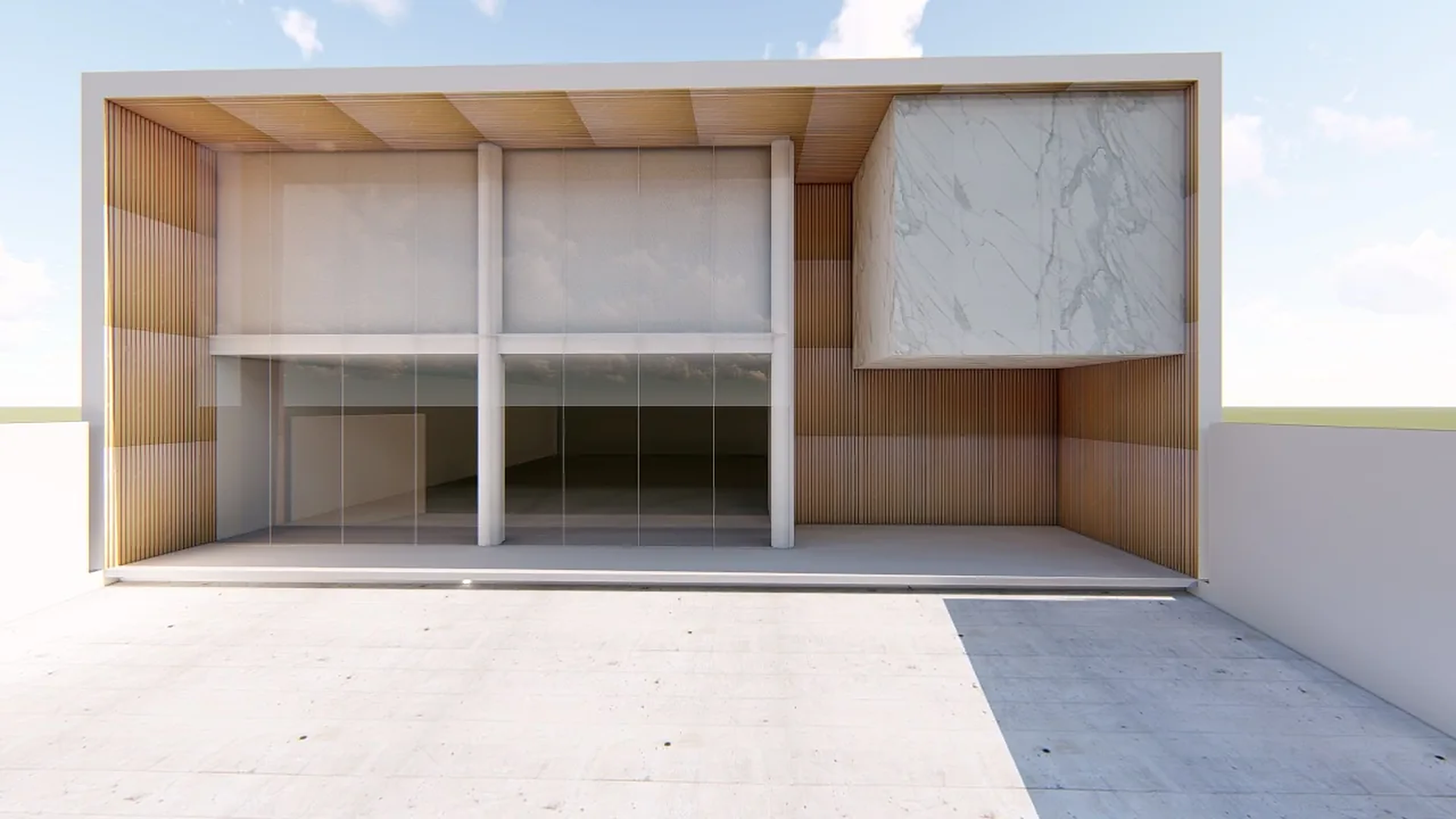 Render de prédio comercial com fachada em madeira, vidro e mármore