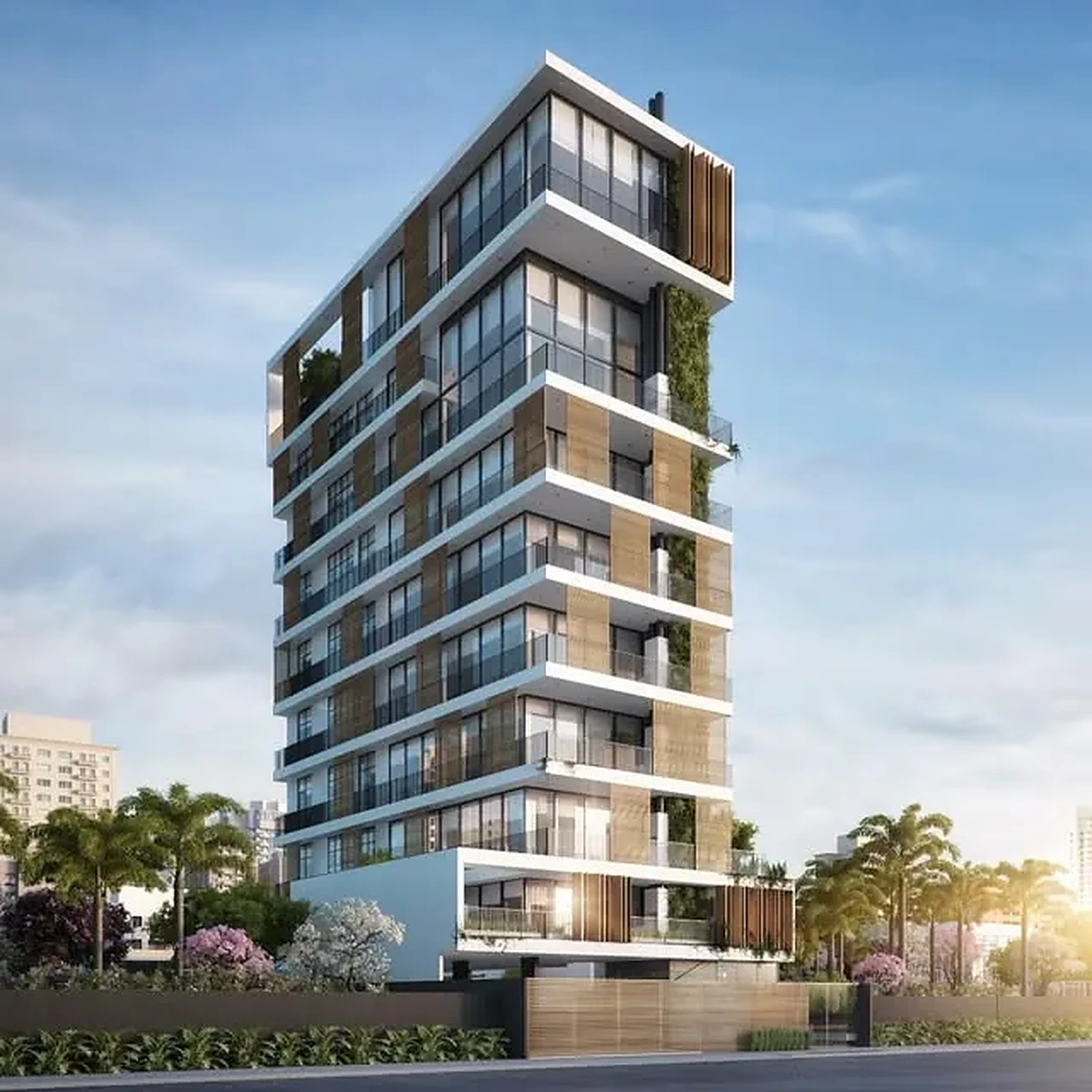 Render de edifício residencial com varandas em madeira e jardins
